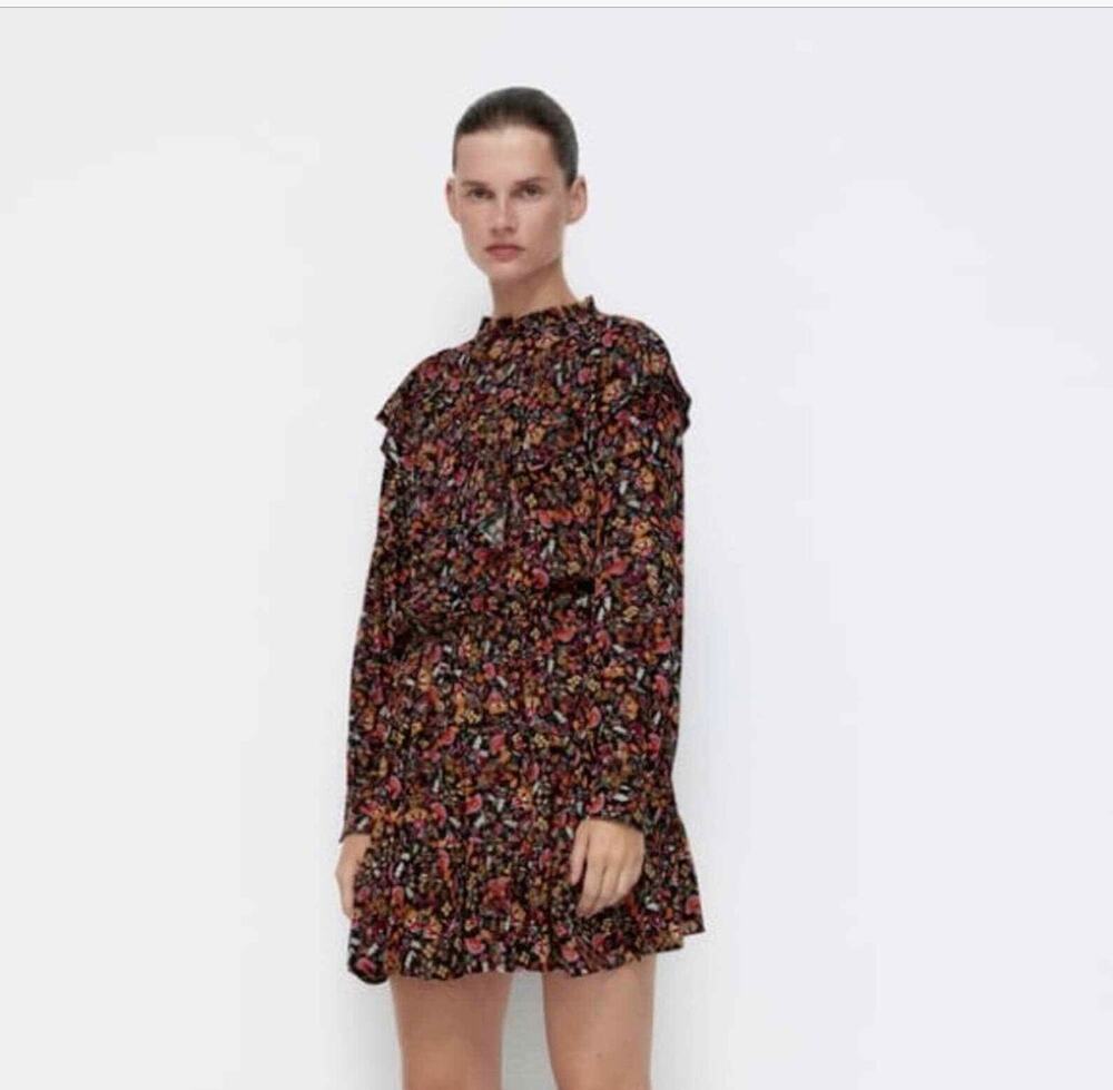 Zara Multicolored Floral Print Ruffled Dress Sz L
